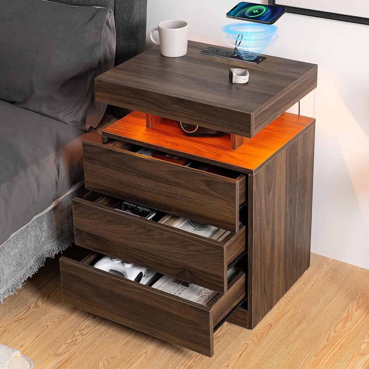 LED Nightstand with Wireless Charging Station & USB Ports 3 Drawer