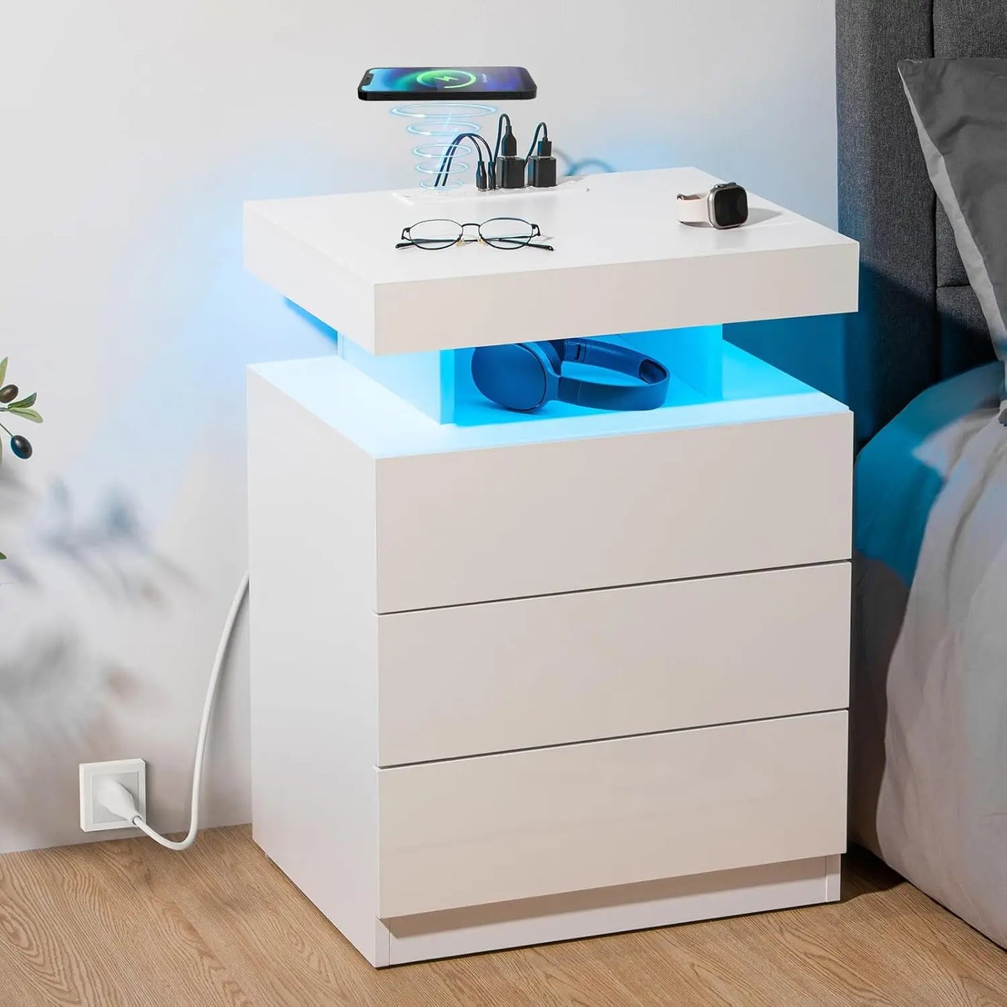 LED Nightstand with Wireless Charging Station & USB Ports 3 Drawer