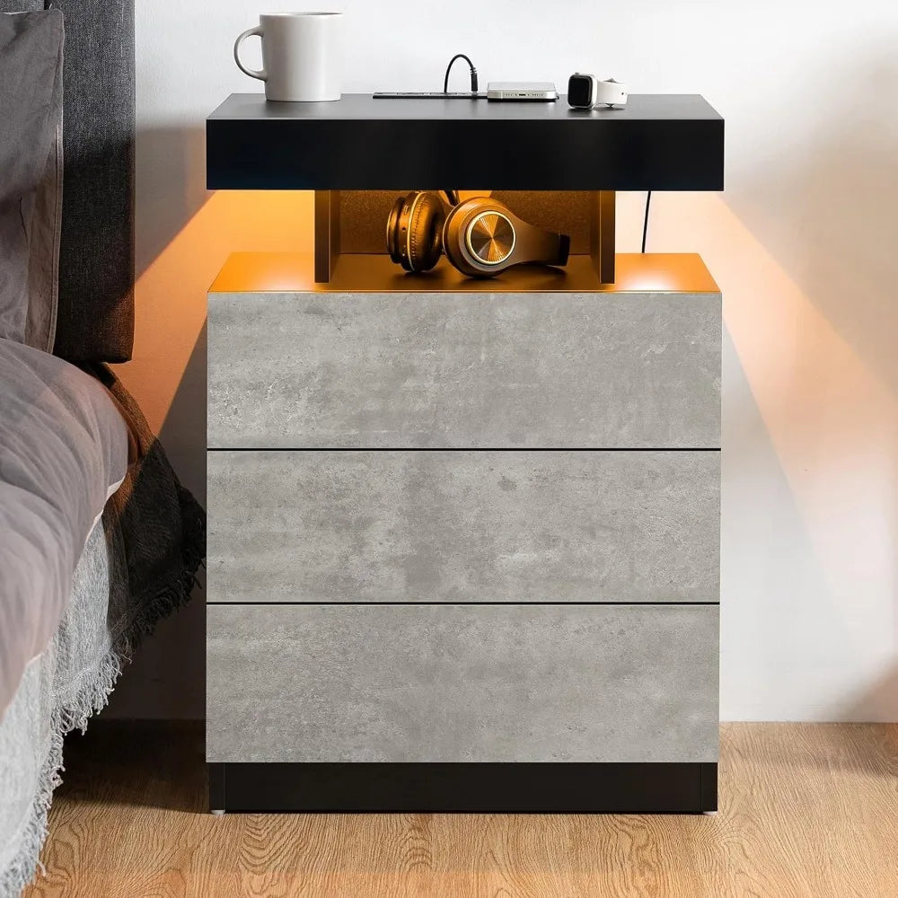 LED Nightstand with Wireless Charging Station & USB Ports 3 Drawer