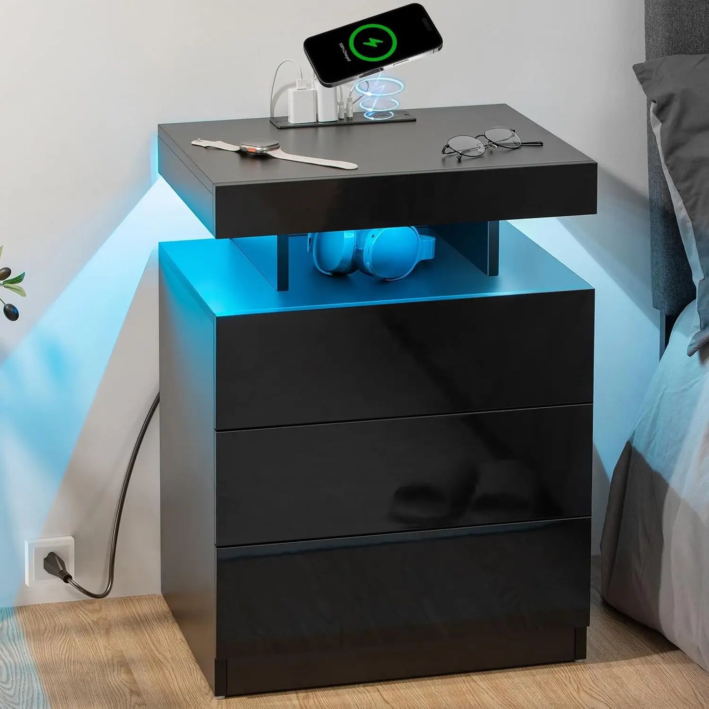 LED Nightstand with Wireless Charging Station & USB Ports 3 Drawer